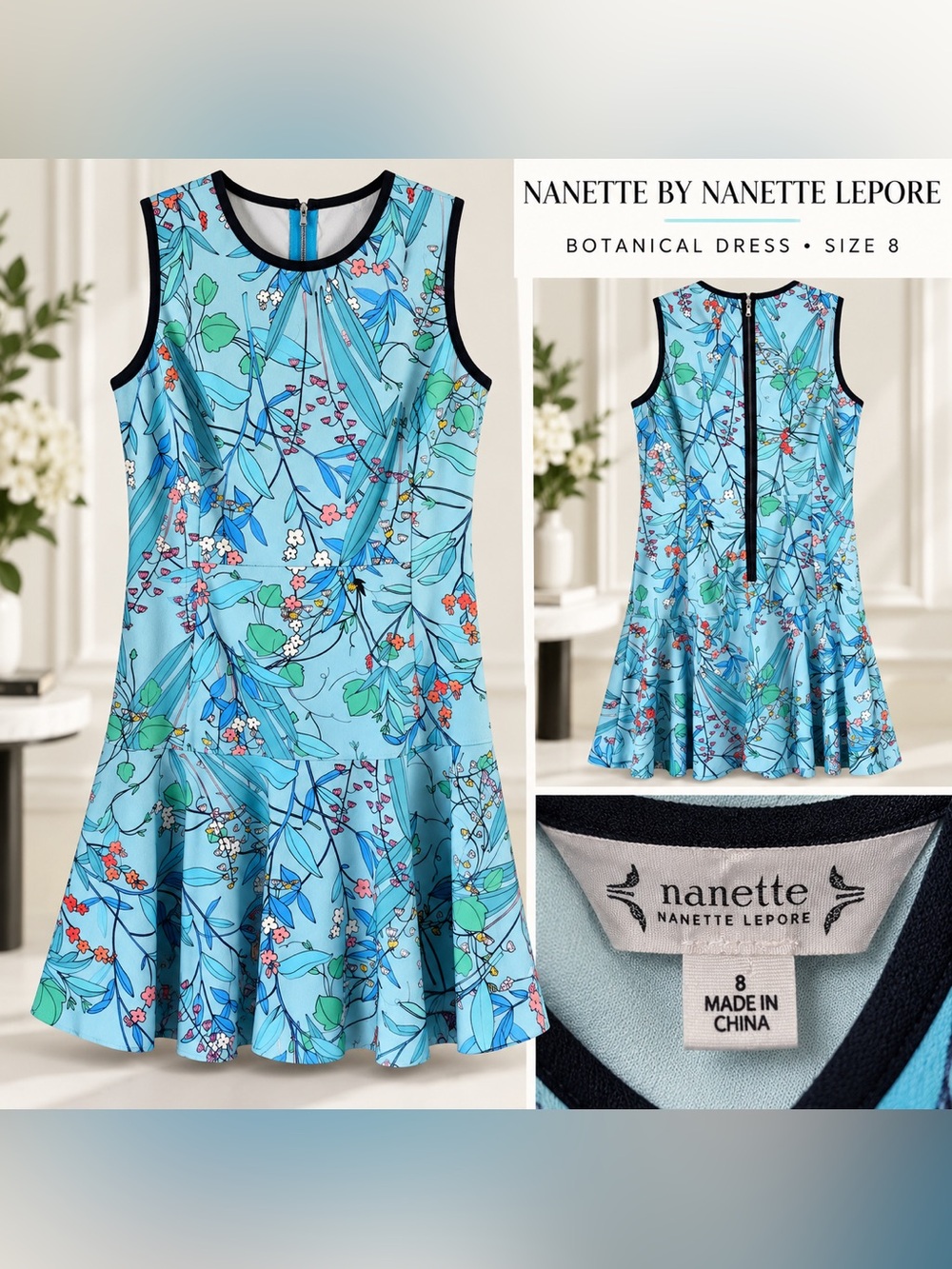 Nanette Lepore Aqua Botanical Flounce Dress 8